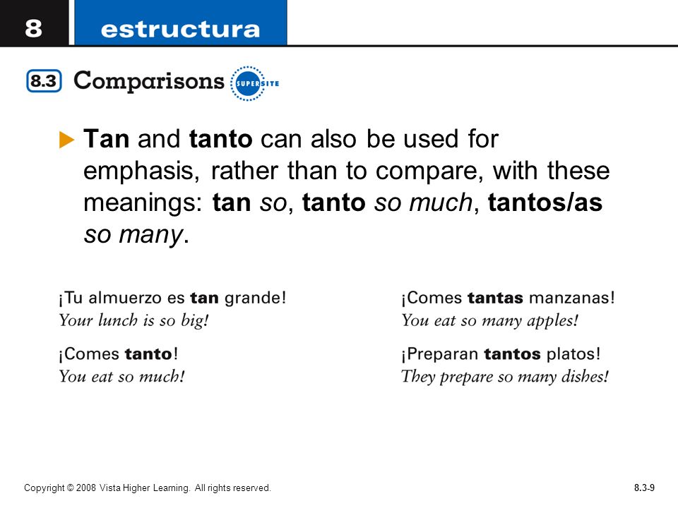 Tan and tanto can also be used for emphasis, rather than to compare, with these meanings: tan so, tanto so much, tantos/as so many.