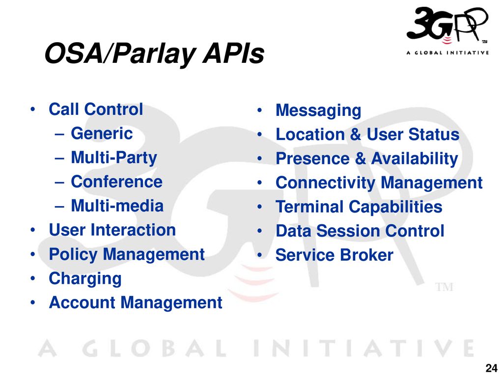 OSA/Parlay APIs Call Control Messaging Generic Location & User Status