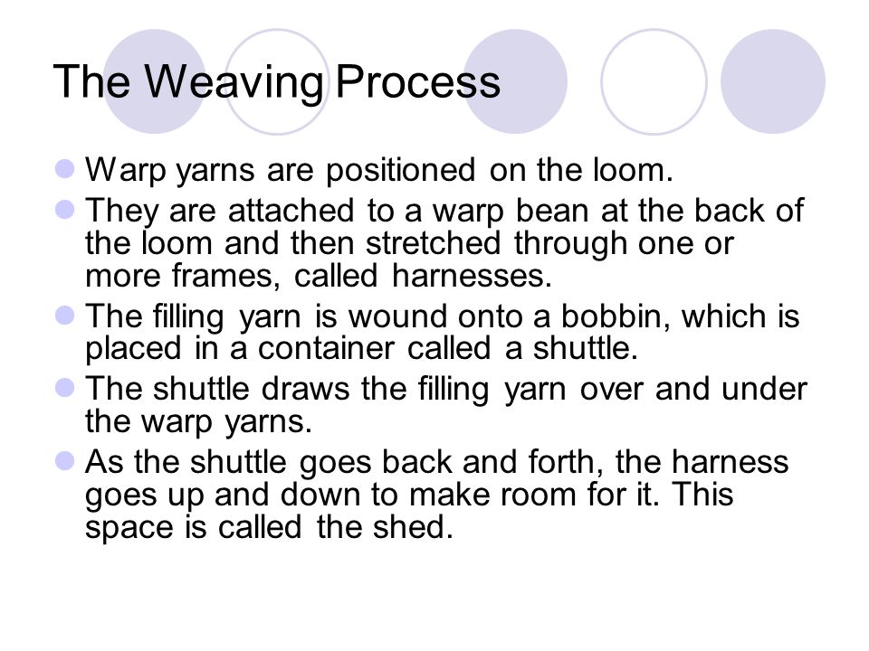 The Weaving Process Warp yarns are positioned on the loom.
