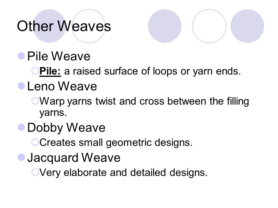Other Weaves Pile Weave Leno Weave Dobby Weave Jacquard Weave