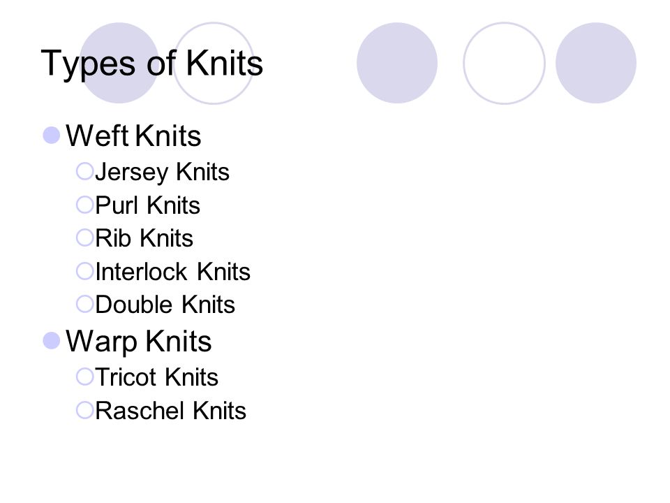Types of Knits Weft Knits Warp Knits Jersey Knits Purl Knits Rib Knits
