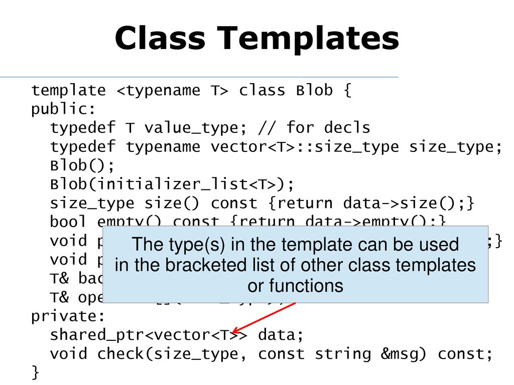 Class Templates The type(s) in the template can be used