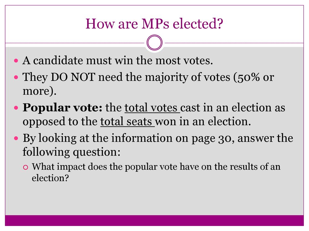 How are MPs elected A candidate must win the most votes.