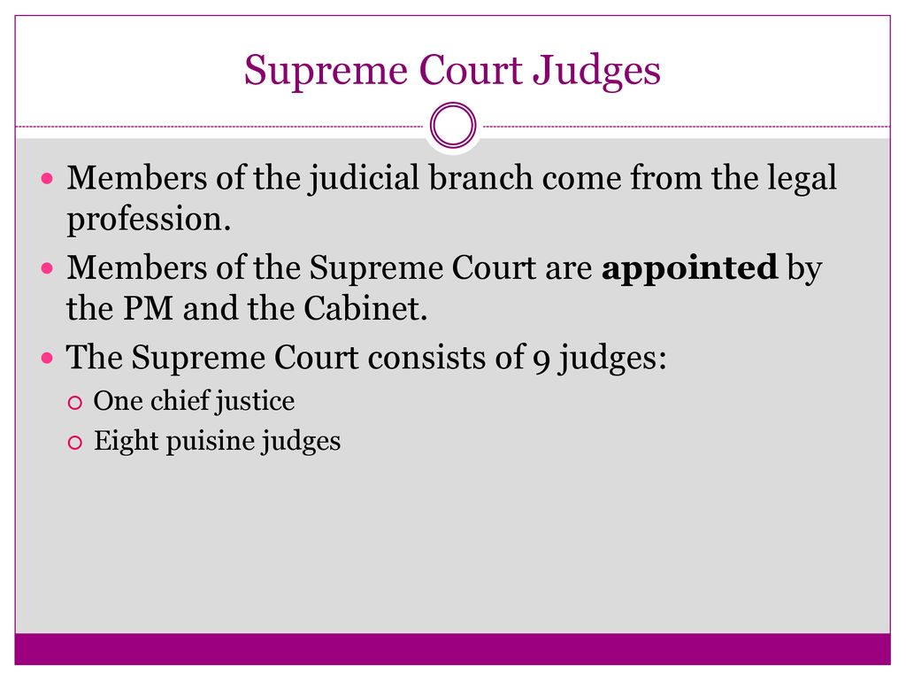 Supreme Court Judges Members of the judicial branch come from the legal profession.