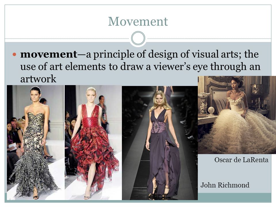 Movement movement—a principle of design of visual arts; the use of art elements to draw a viewer’s eye through an artwork.