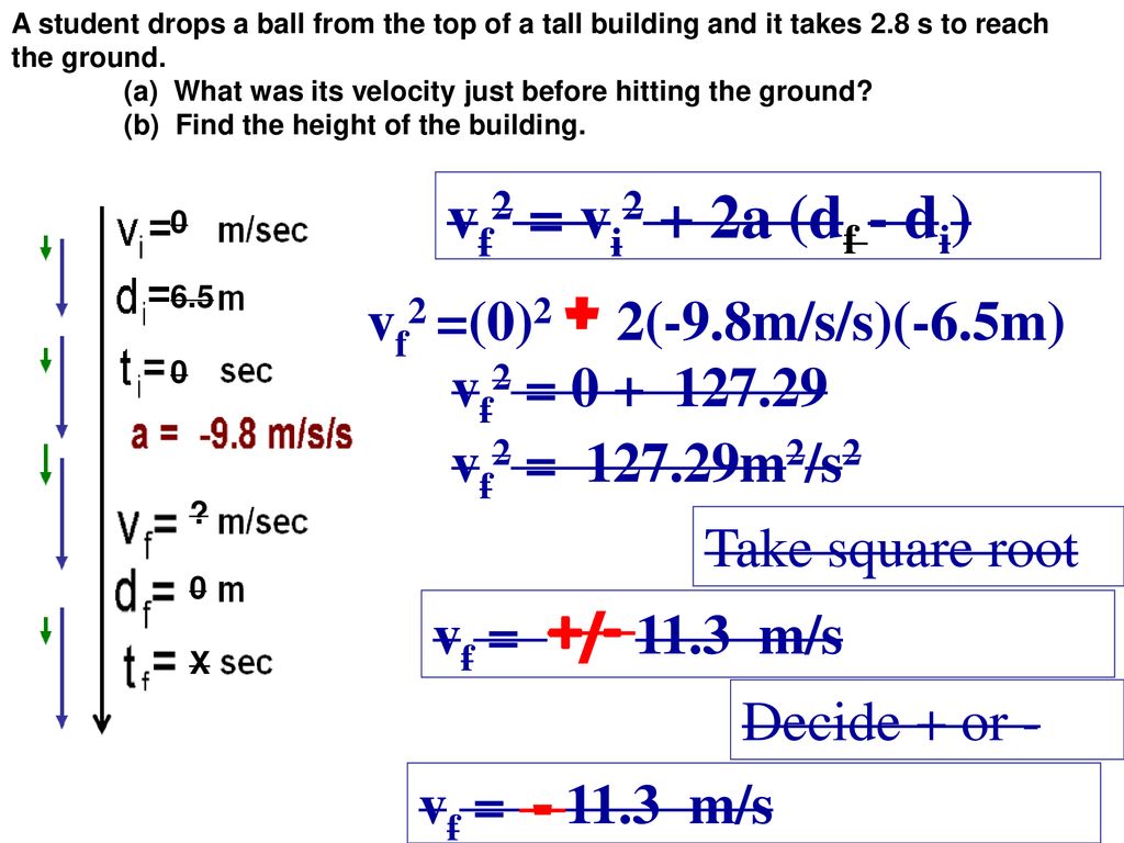vf2 = vi2 + 2a (df - di) vf2 =(0)2 + 2(-9.8m/s/s)(-6.5m)