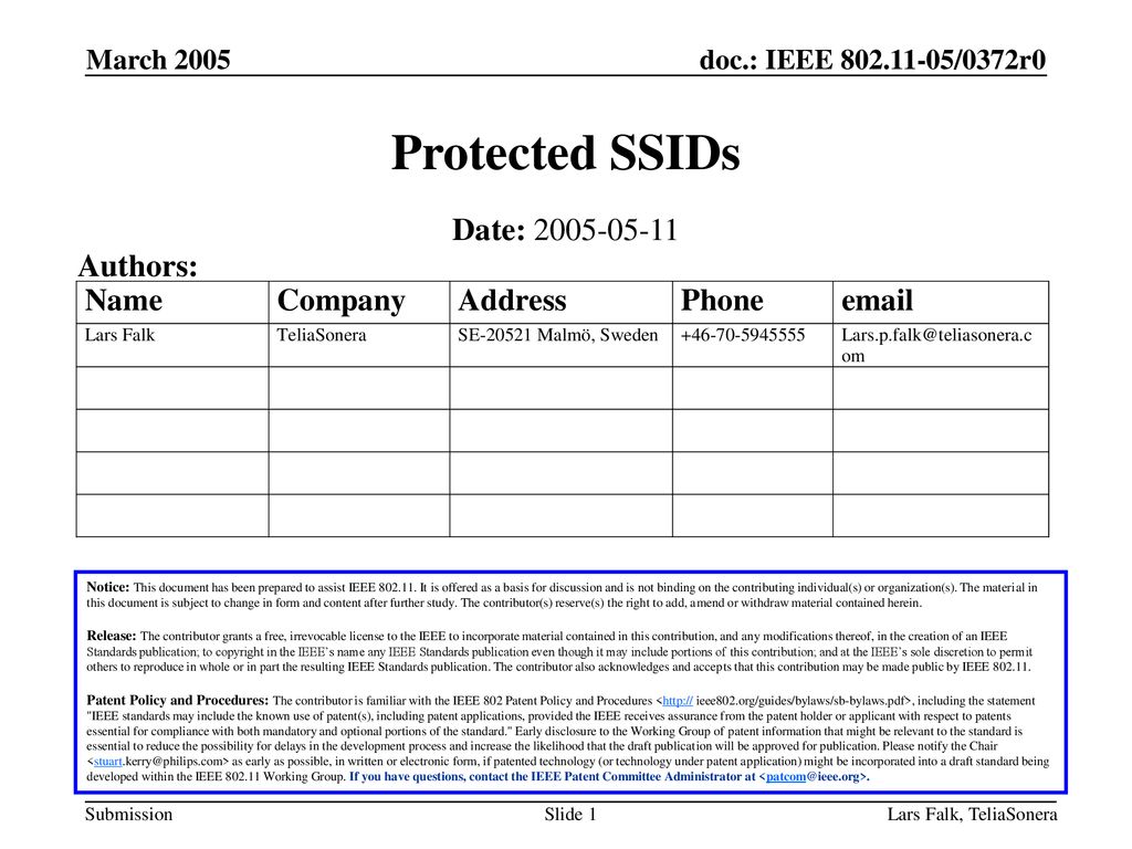 Protected SSIDs Date: Authors: March 2005 March 2005