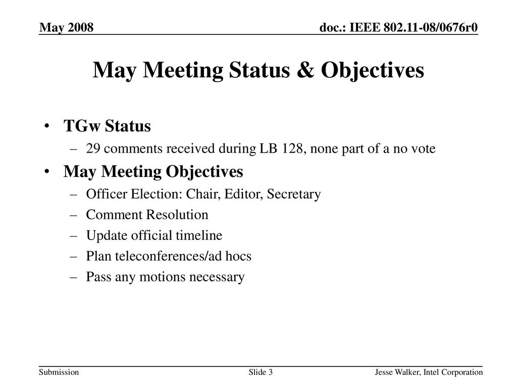 May Meeting Status & Objectives