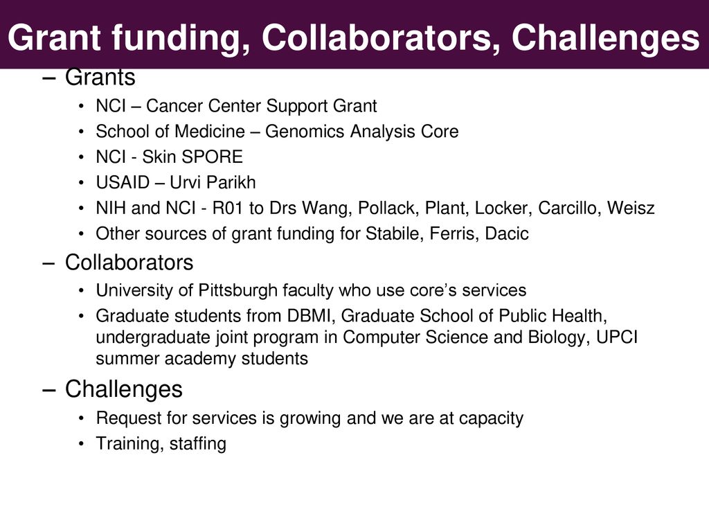 Grant funding, Collaborators, Challenges