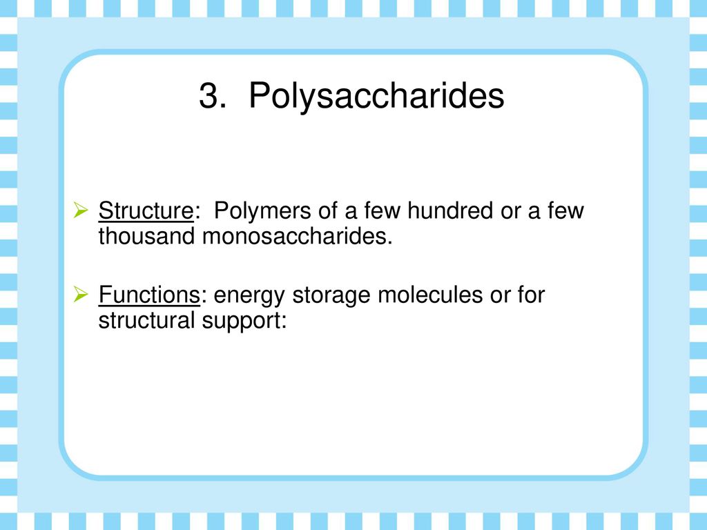 3. Polysaccharides Structure: Polymers of a few hundred or a few thousand monosaccharides.