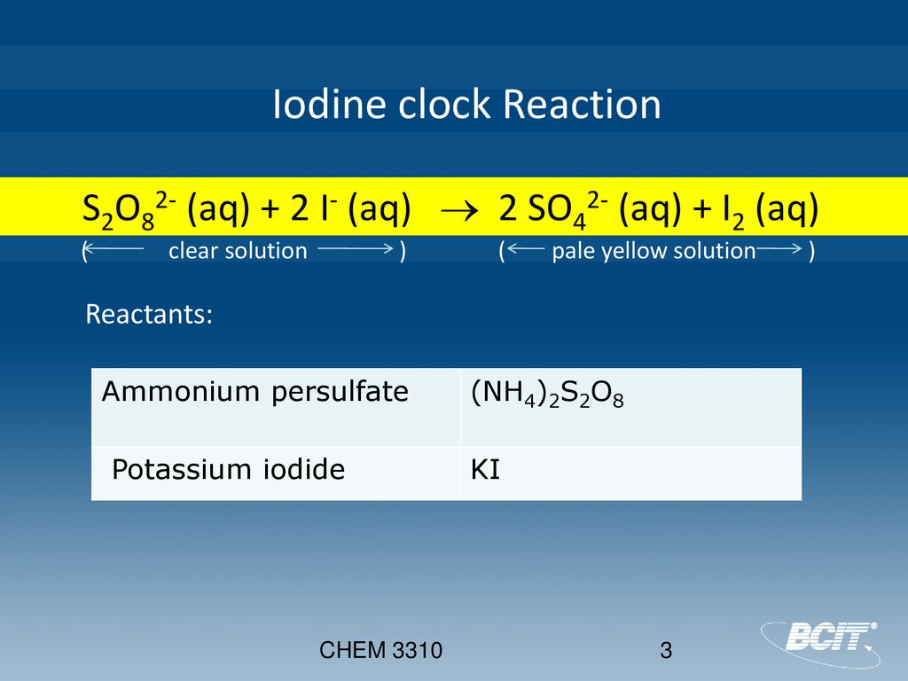 kinetics of the persulfate iodide clock reaction
