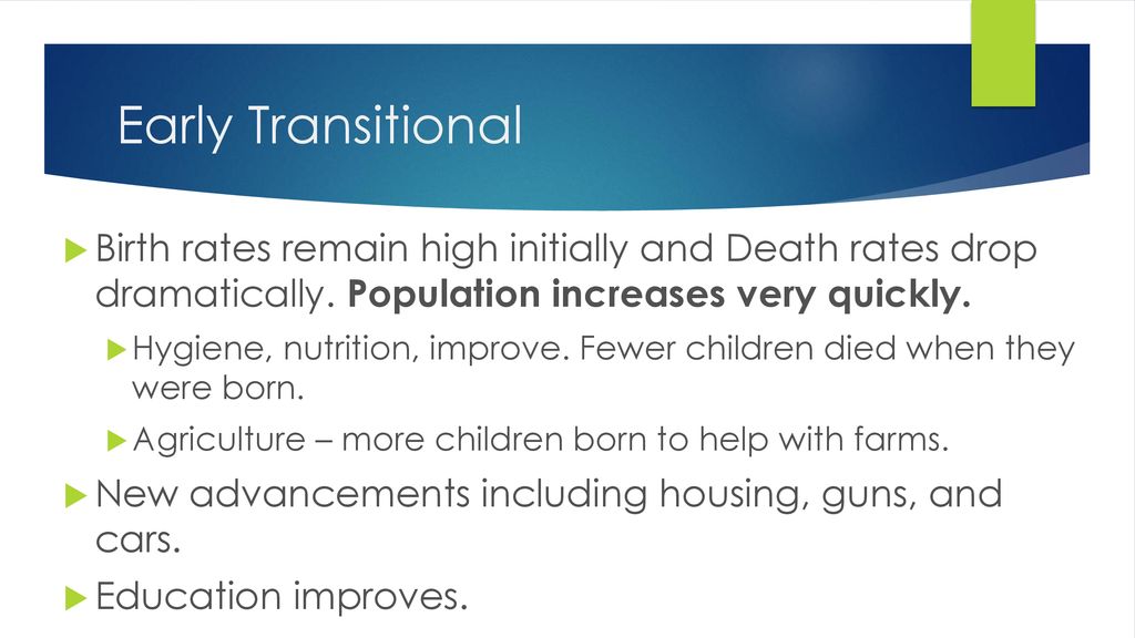 Early Transitional Birth rates remain high initially and Death rates drop dramatically. Population increases very quickly.