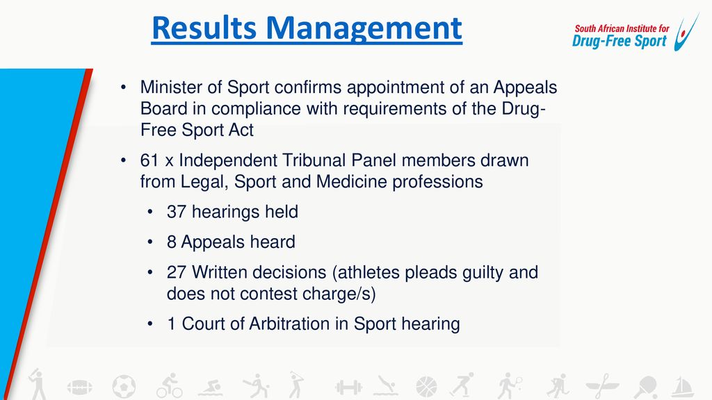 Results Management Minister of Sport confirms appointment of an Appeals Board in compliance with requirements of the Drug- Free Sport Act.