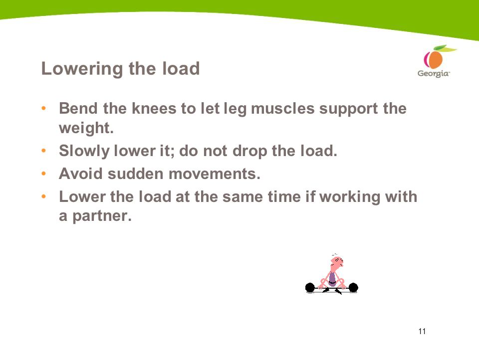 Lowering the load Bend the knees to let leg muscles support the weight. Slowly lower it; do not drop the load.