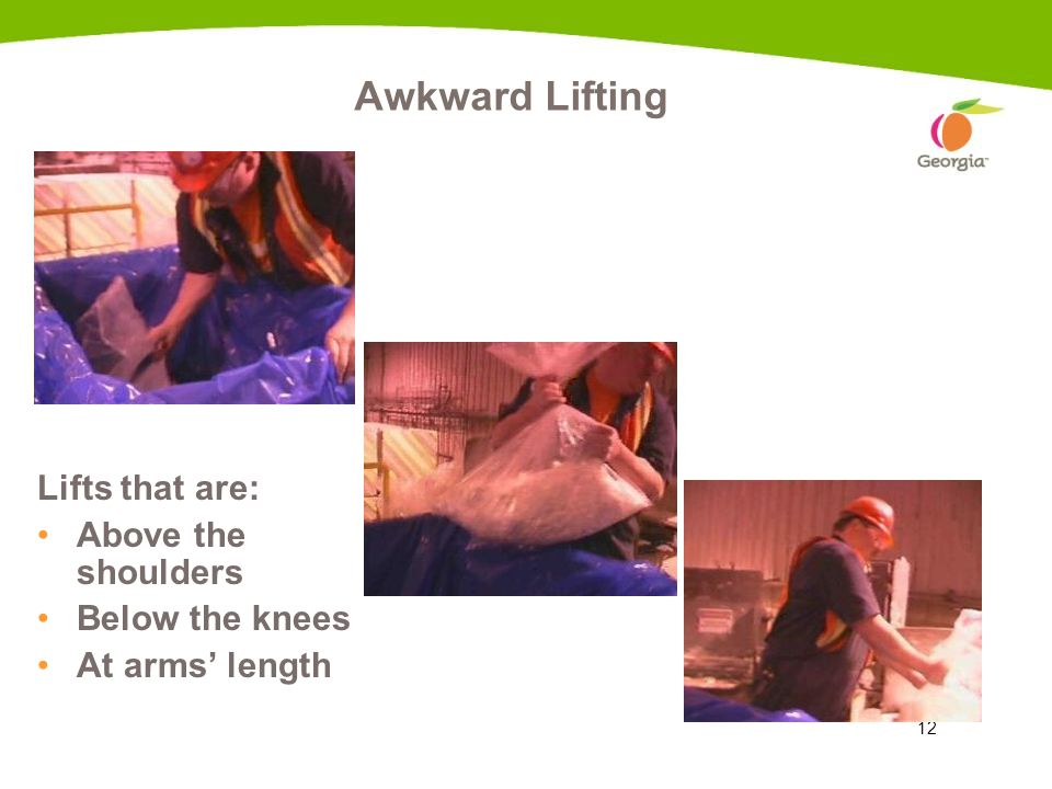 Awkward Lifting Lifts that are: Above the shoulders Below the knees