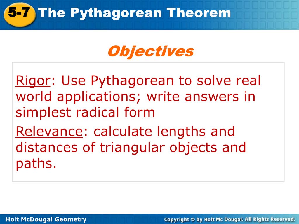 Objectives rigor use pythagorean to solve real world applications
