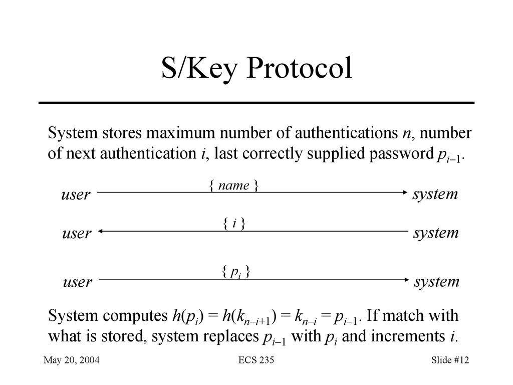S/Key Protocol System stores maximum number of authentications n, number. of next authentication i, last correctly supplied password pi–1.