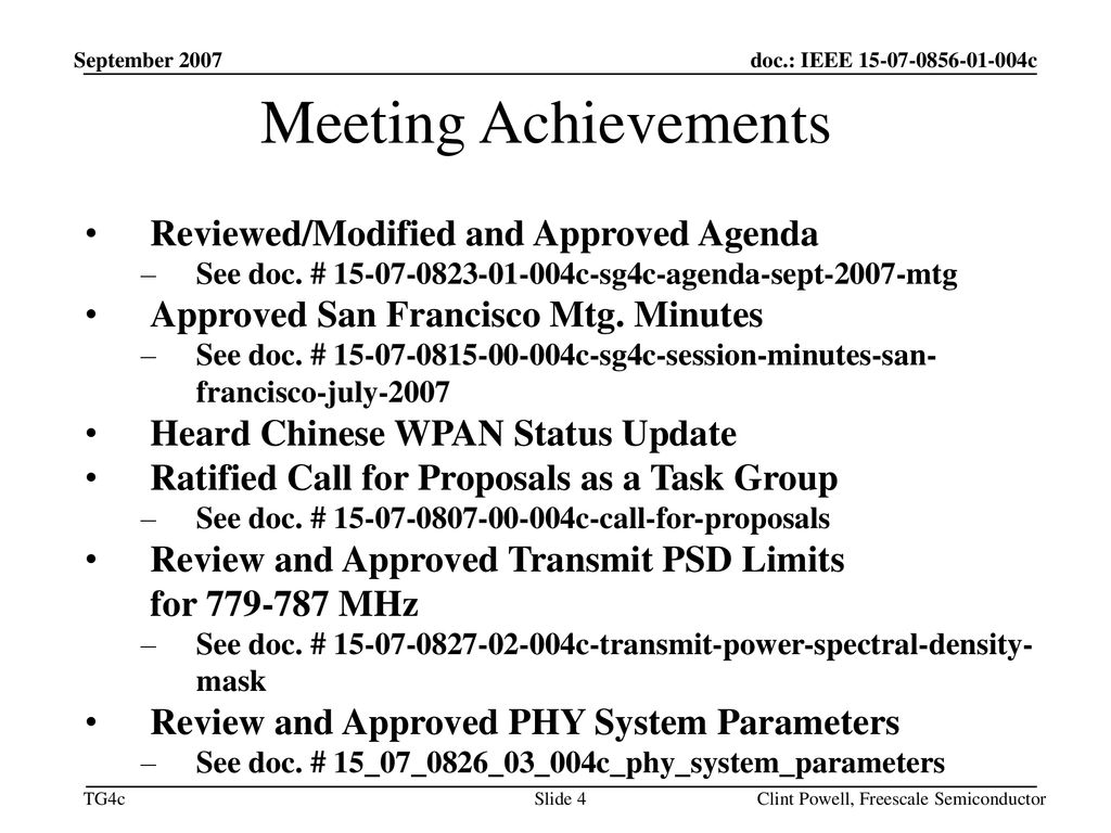 Meeting Achievements Reviewed/Modified and Approved Agenda