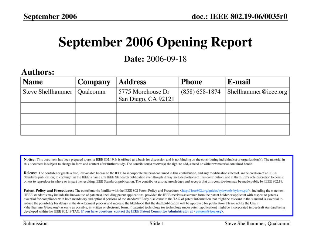 September 2006 Opening Report