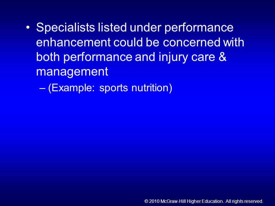 Specialists listed under performance enhancement could be concerned with both performance and injury care & management