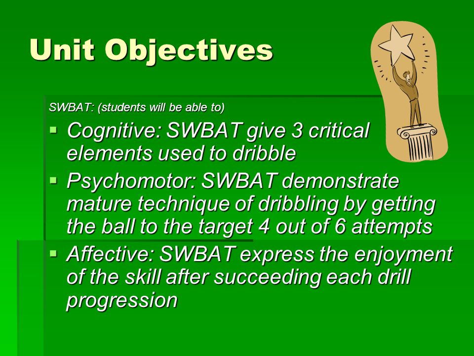 Unit Objectives SWBAT: (students will be able to) Cognitive: SWBAT give 3 critical elements used to dribble.