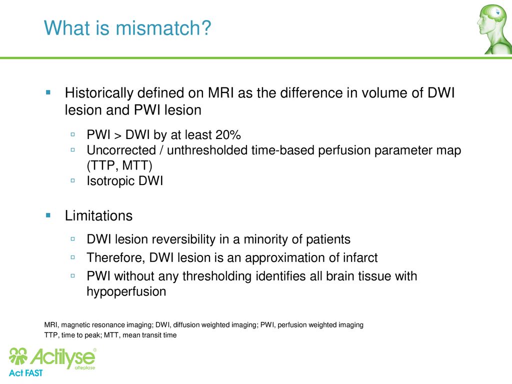 What is mismatch Historically defined on MRI as the difference in volume of DWI lesion and PWI lesion.