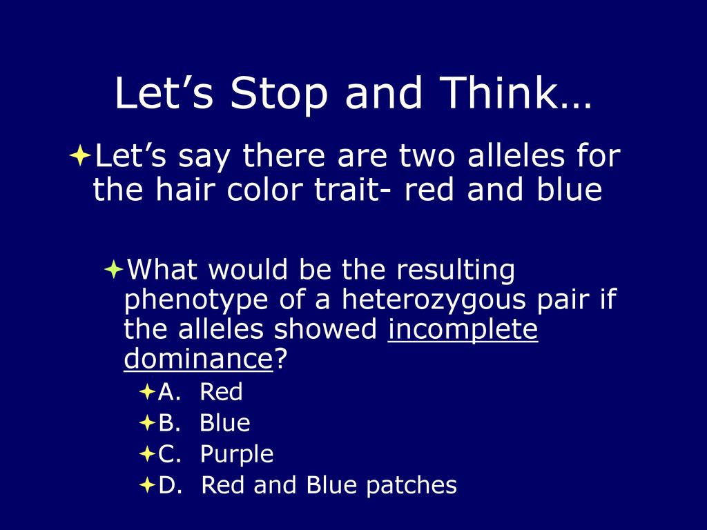 Let’s Stop and Think… Let’s say there are two alleles for the hair color trait- red and blue.