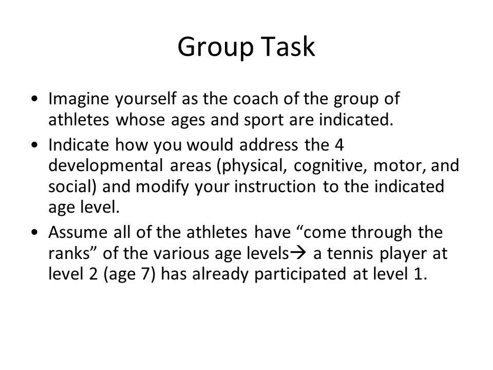 Group Task Imagine yourself as the coach of the group of athletes whose ages and sport are indicated.