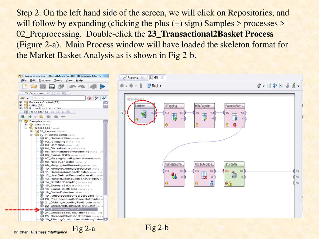 Step 2. On the left hand side of the screen, we will click on Repositories, and will follow by expanding (clicking the plus (+) sign) Samples > processes > 02_Preprocessing. Double-click the 23_Transactional2Basket Process (Figure 2-a). Main Process window will have loaded the skeleton format for the Market Basket Analysis as is shown in Fig 2-b.