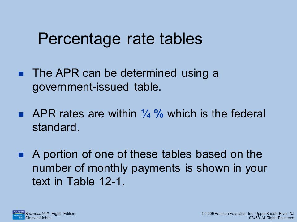 Percentage rate tables
