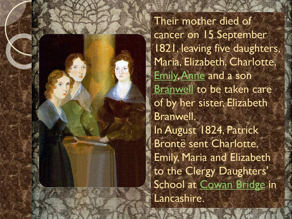 Five daughters. Charlotte Bronte презентация. Жизнь и страдания сэра Бронте. Mother die.