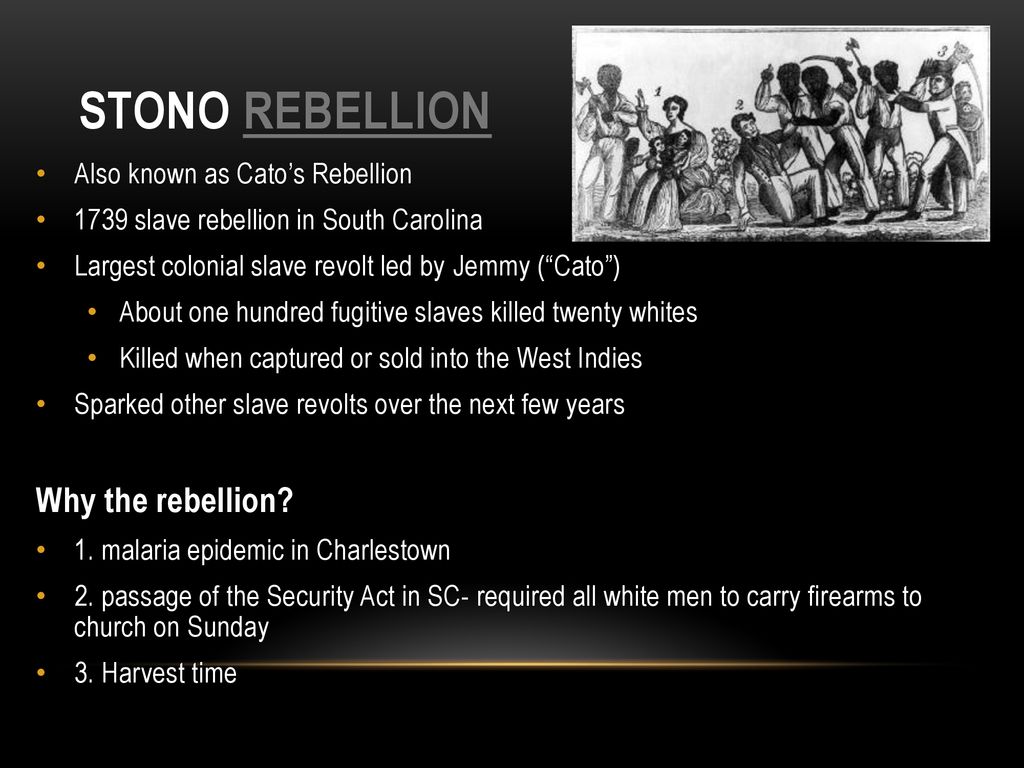 Stono Rebellion Why the rebellion Also known as Cato’s Rebellion