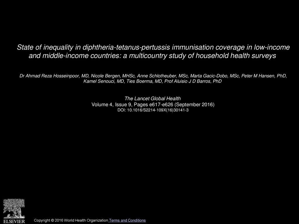 State of inequality in diphtheria-tetanus-pertussis immunisation coverage in low-income and middle-income countries: a multicountry study of household health surveys