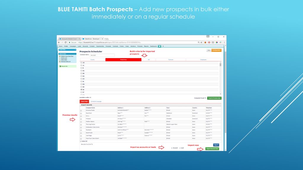 BLUE TAHITI Batch Prospects – Add new prospects in bulk either immediately or on a regular schedule