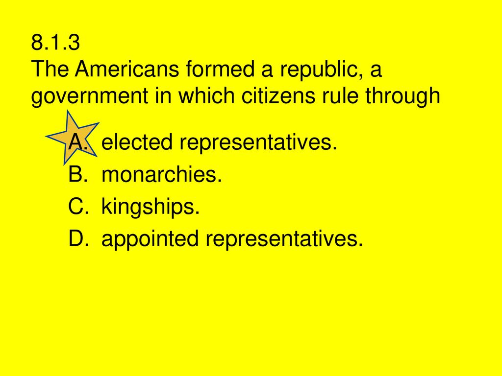 8.1.3 The Americans formed a republic, a government in which citizens rule through