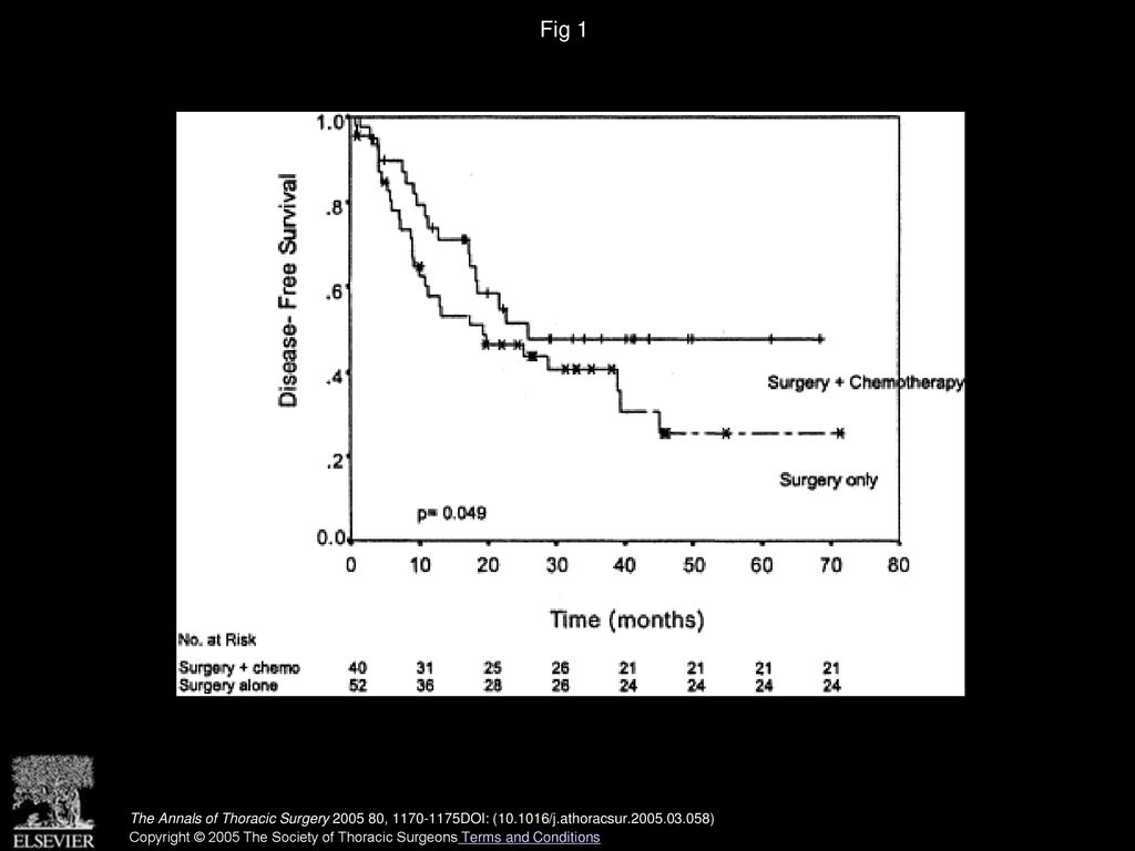 Fig 1 Disease-free survival curves stratified by ± adjuvant chemotherapy. (X = surgery only; » = surgery + chemotherapy.)