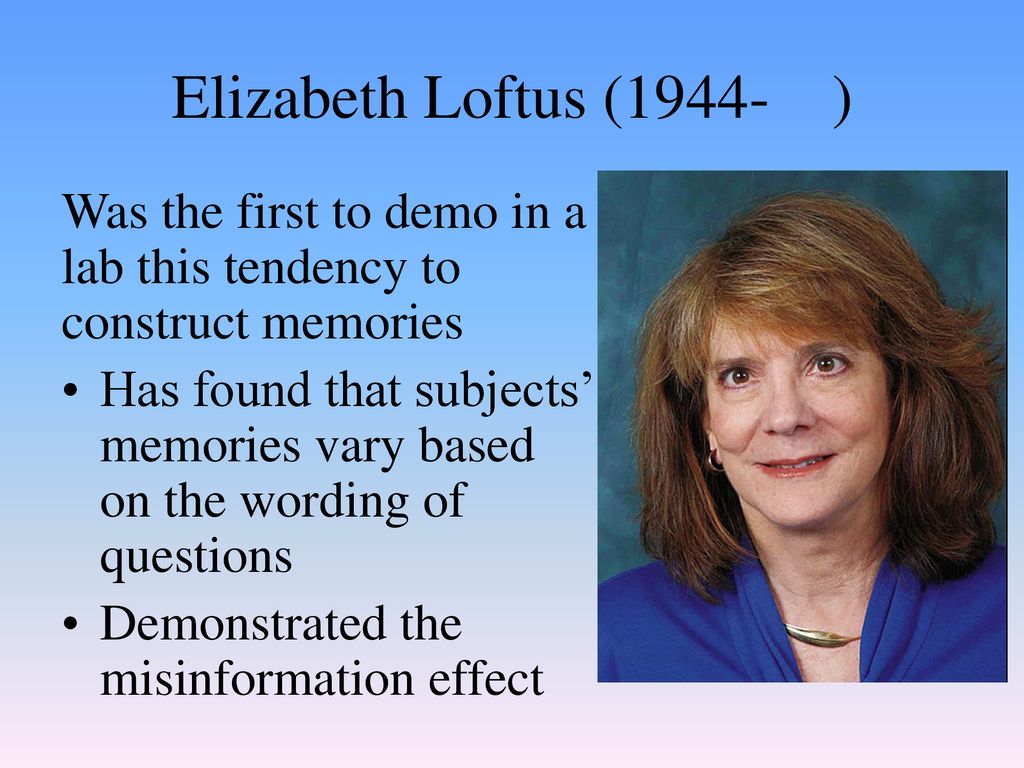 Elizabeth Loftus (1944- ) Was the first to demo in a lab this tendency to construct memories.
