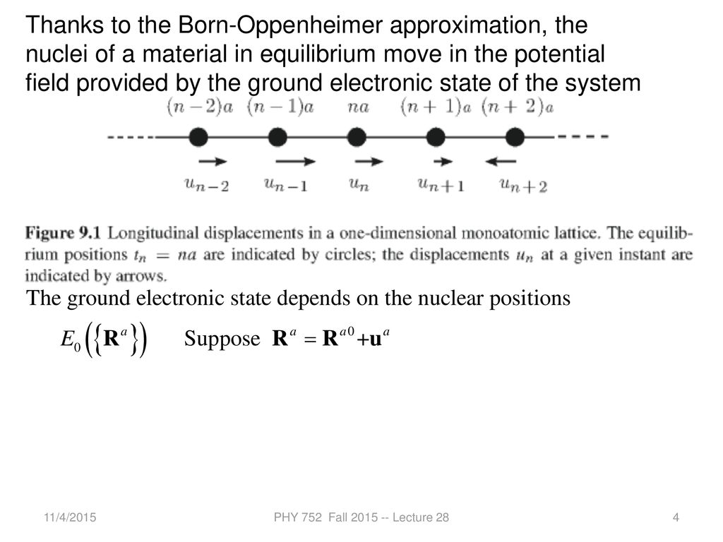 Thanks to the Born-Oppenheimer approximation, the nuclei of a material in equilibrium move in the potential field provided by the ground electronic state of the system