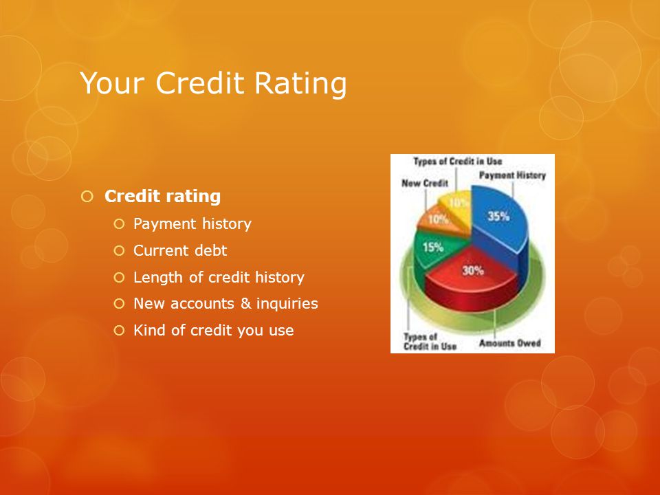 Your Credit Rating Credit rating Payment history Current debt