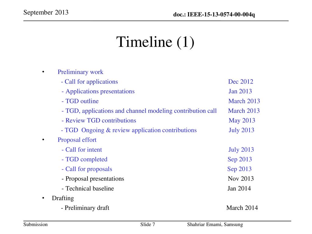 Timeline (1) September 2013 Preliminary work