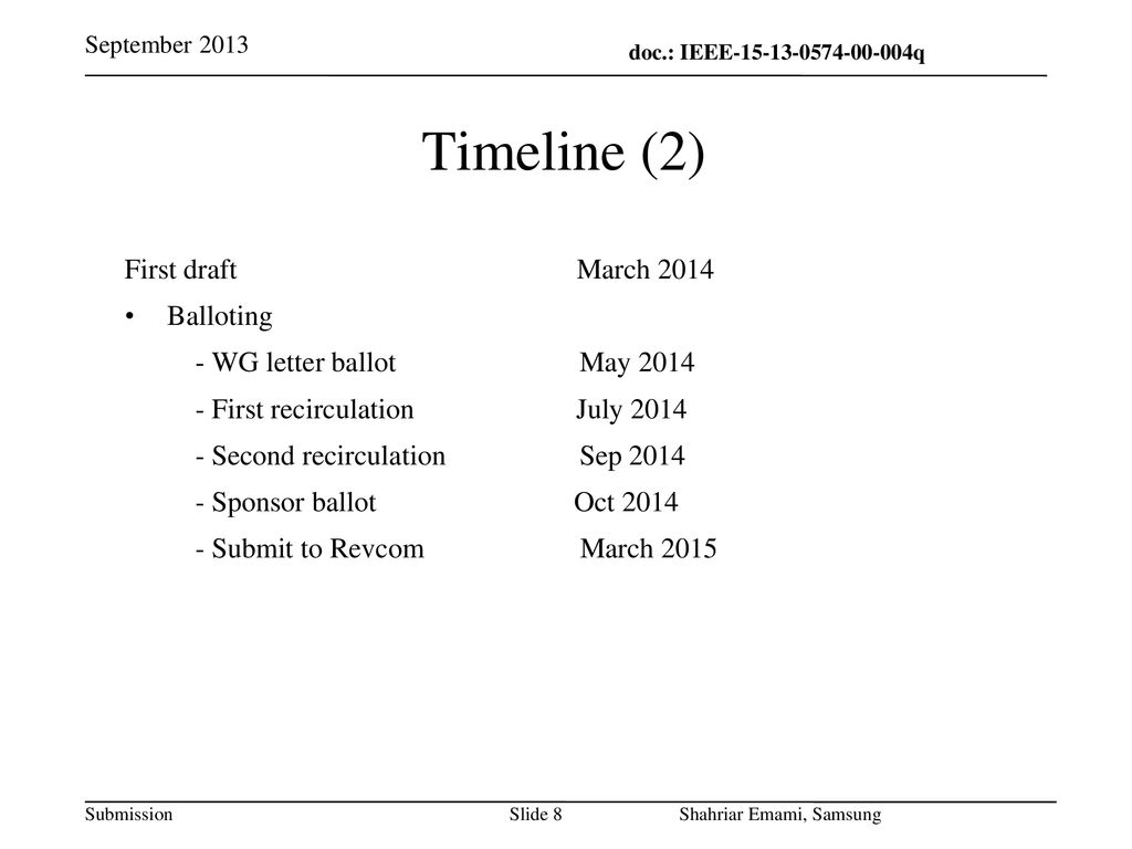 Timeline (2) First draft March 2014 Balloting