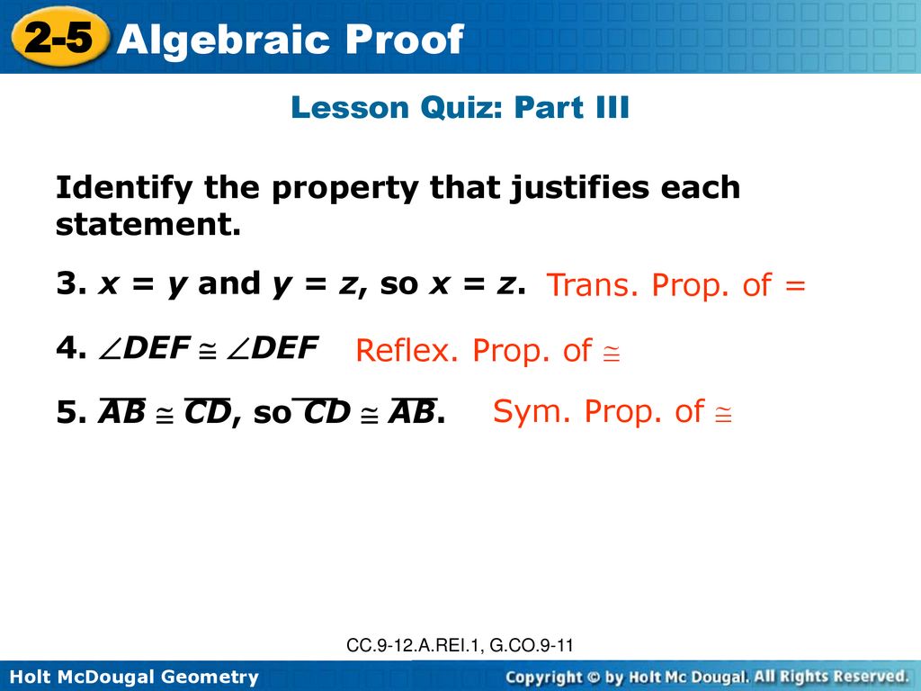 2-5 Algebraic Proof Warm Up Lesson Presentation Lesson Quiz - ppt download