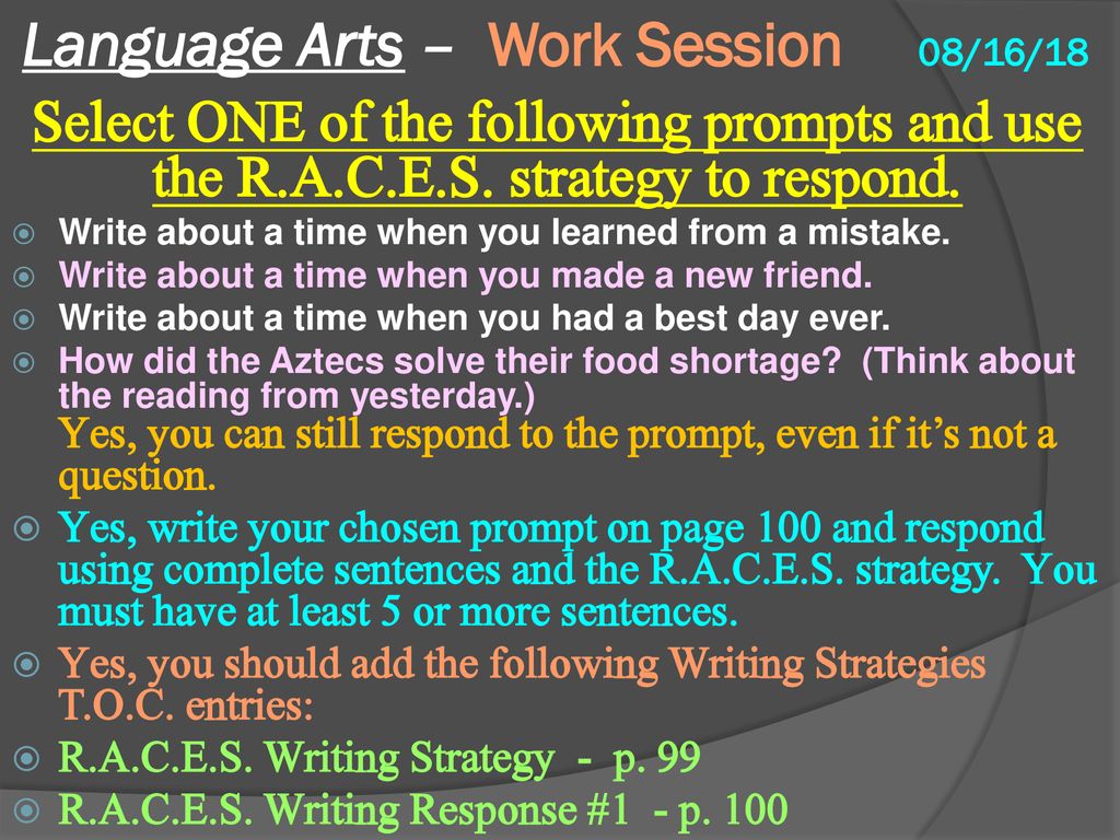Language Arts – Work Session 08/16/18