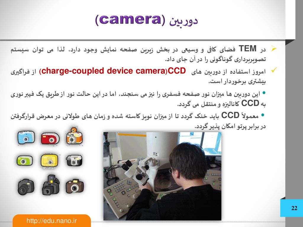 دوربین (camera) در TEM فضای کافی و وسیعی در بخش زیرین صفحه نمایش وجود دارد، لذا می توان سیستم تصویربرداری گوناگونی را در آن جای داد.