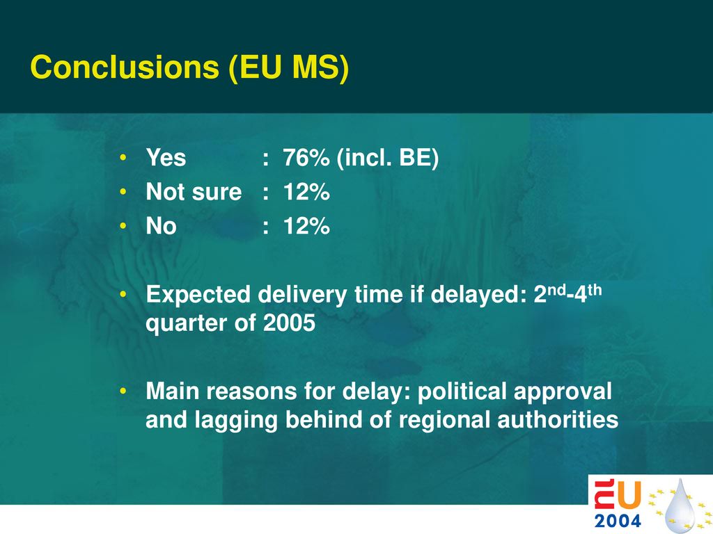 Conclusions (EU MS) Yes : 76% (incl. BE) Not sure : 12% No : 12%
