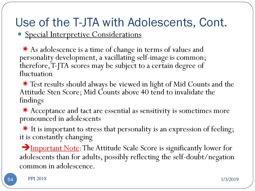 Use of the T-JTA with Adolescents, Cont.