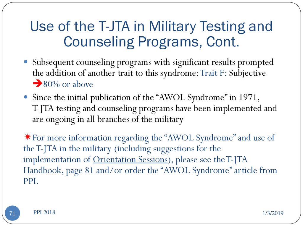 Use of the T-JTA in Military Testing and Counseling Programs, Cont.