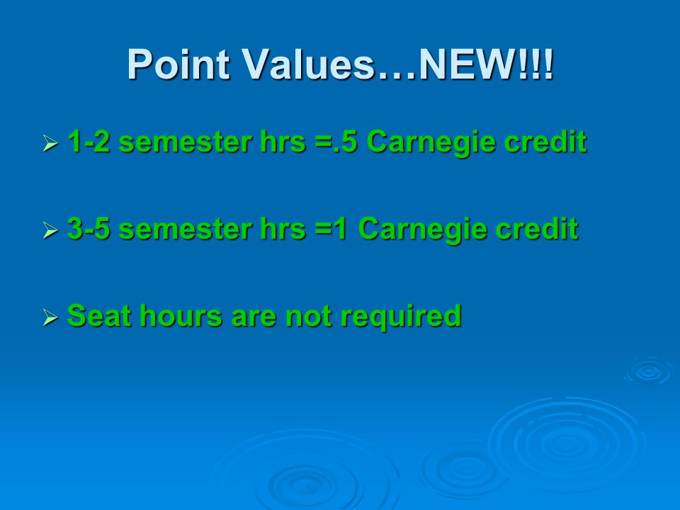 Point Values…NEW!!! 1-2 semester hrs =.5 Carnegie credit