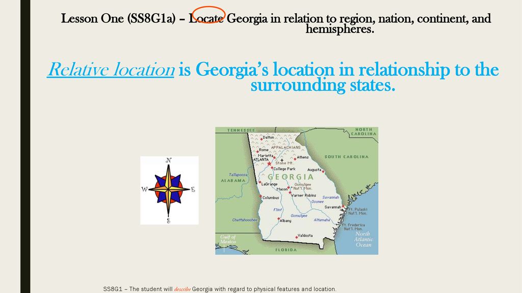 Lesson One (SS8G1a) – Locate Georgia in relation to region, nation, continent, and hemispheres.
