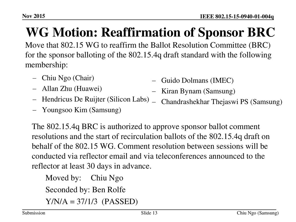 WG Motion: Reaffirmation of Sponsor BRC